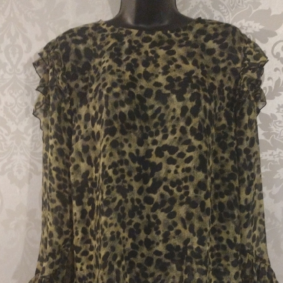 H&M Green and Black Ruffled Long Sleeve Sheer Blouse - Picture 1 of 5